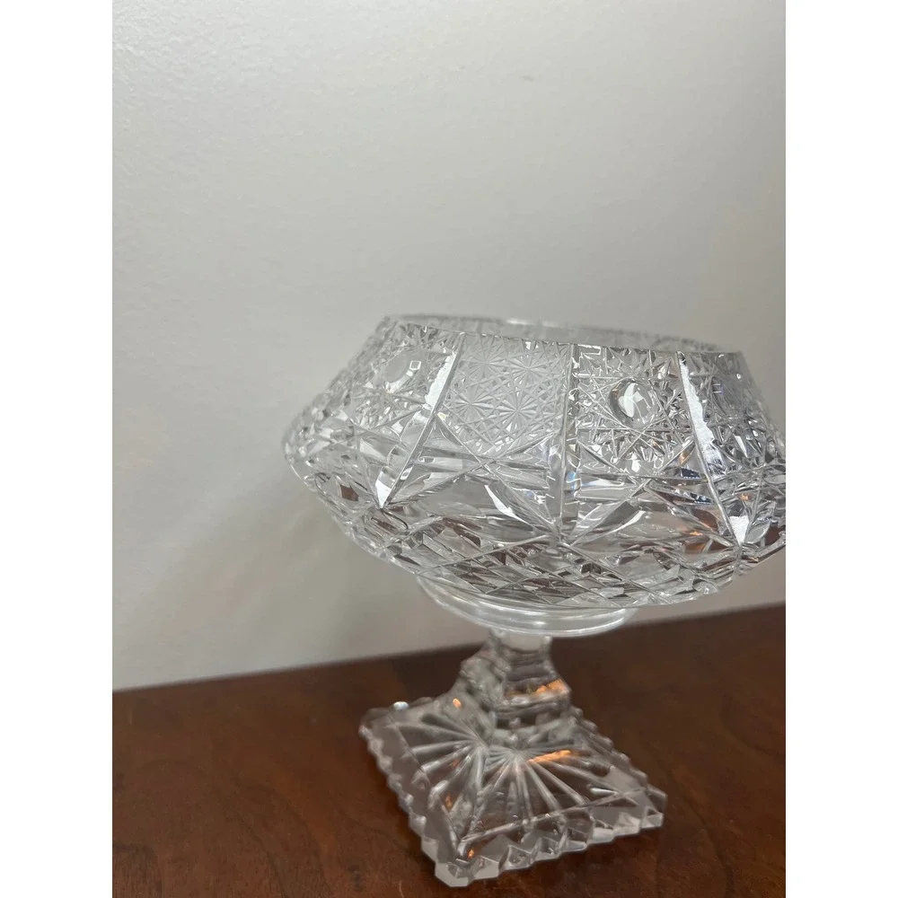 Vintage Cut‎ Crystal Glass Pedestal Compote  Vase ABP Style Hobstar 6.5